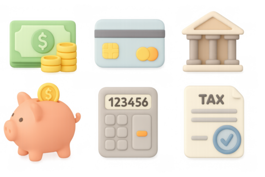 3d finance icons: money, banking, piggy bank, calculator, credit card, tax document