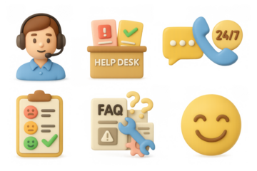 Customer support 3d icons featuring help desk, faq, and happy emoji