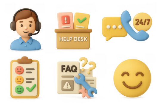 Customer support 3d icons featuring help desk, faq, and happy emoji
