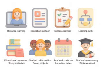 Educational icons set: online learning and achievement in 3d illustration