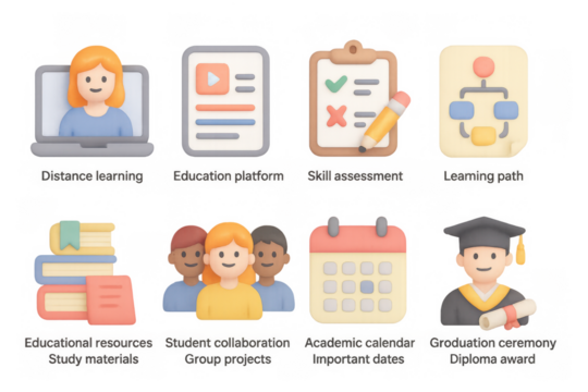 Educational icons set: online learning and achievement in 3d illustration