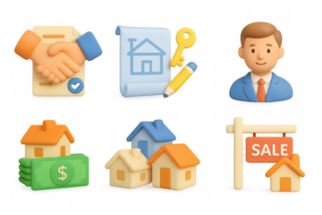 3d real estate icons set featuring house, handshake, agent, sale sign, and money