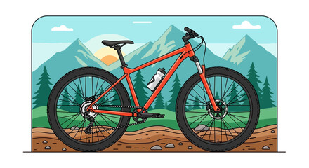 Fototapeta premium A cartoon illustration depicting a mountain bike set in a scenic landscape