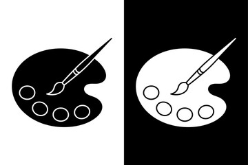 Palette with Brushes Silhouette Icon. Painting Tools Vector Design on White and Black Background