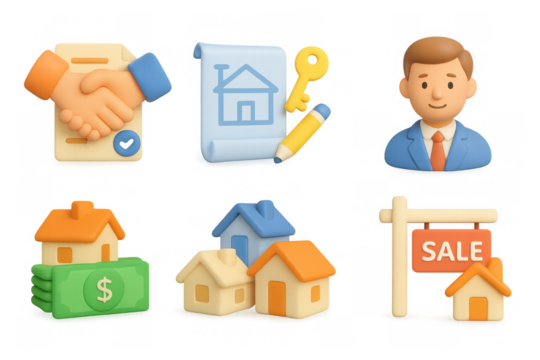 3d real estate icons set featuring house, handshake, agent, sale sign, and money