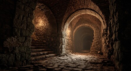 Mysterious Abandoned Dungeon: Ancient Brick Corridor with Eerie Lighting in a Dark Medieval Castle