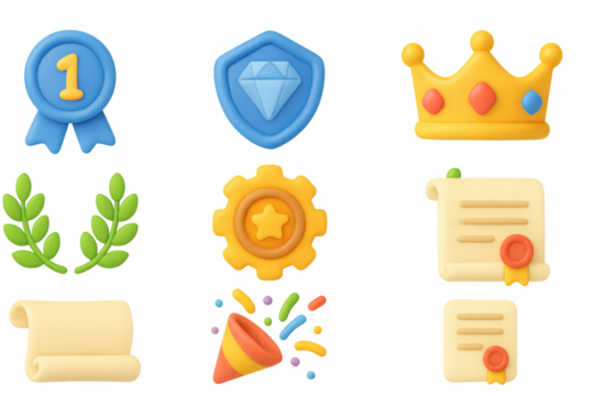 Colorful 3d icons featuring awards, badges, and celebration symbols
