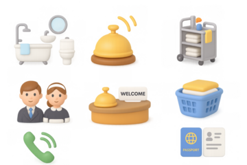 Charming 3d hotel icons: bell, cleaning cart, reception, laundry, amenities