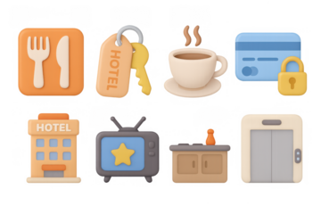 3d clay icons set: hotel, coffee, credit card, tv, elevator