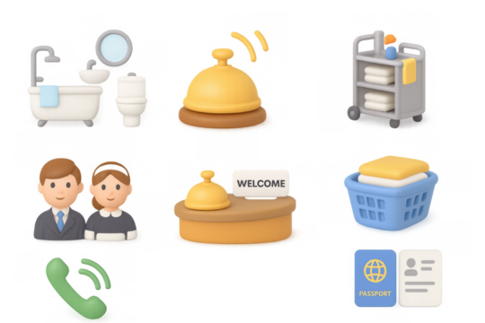 Charming 3d hotel icons: bell, cleaning cart, reception, laundry, amenities