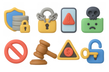 Colorful 3d security and legal icons set with locks, shields, and warnings