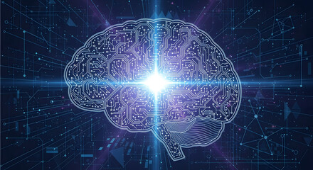 Conceptual illustration of a glowing digital brain, symbolizing artificial intelligence, machine learning, and technological advancement in a futuristic cyberspace