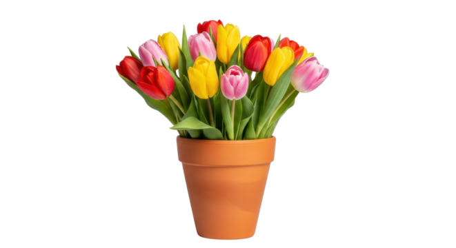 Colorful tulips in a terracotta pot isolated PNG with Transparent Background - Powered by Adobe