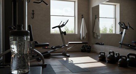 Obraz premium Home gym mockup: A modern, minimalist home fitness space with various workout equipment, including kettlebells and a stationary