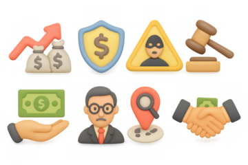 3d icons depicting finance, security, and justice themes