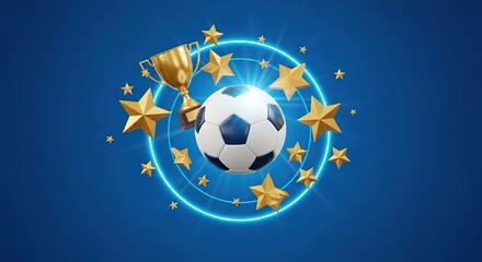Golden trophy with soccer ball and stars on blue background