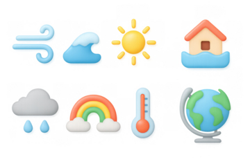 3d weather icons: sun, cloud, globe, and more in pastel colors
