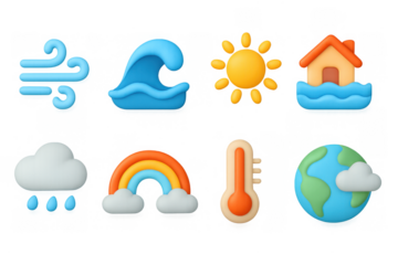 Colorful 3d weather icons set featuring sun, cloud, and earth