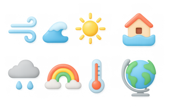 3d weather icons: sun, cloud, globe, and more in pastel colors