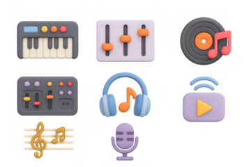 3d music icon set with instruments, headphones, and controls