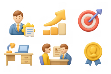 3d business icons: office desk, growth chart, target, teamwork, award badge