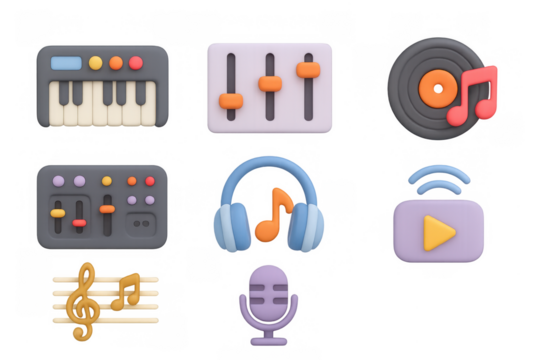 3d music icon set with instruments, headphones, and controls
