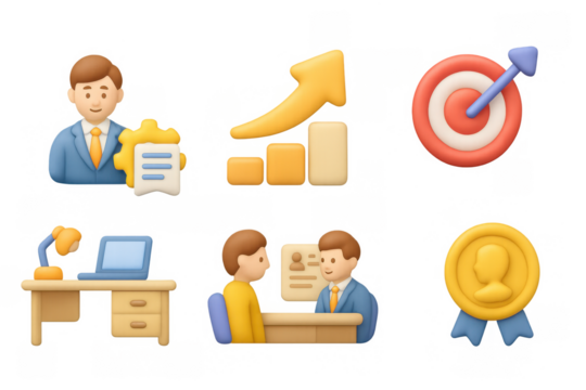 3d business icons: office desk, growth chart, target, teamwork, award badge