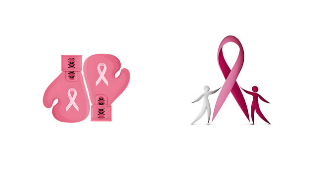 Breast cancer awareness stickers with boxing gloves and pink ribbon support, unity and fight symbols, PNG clipart on transparent background - Powered by Adobe