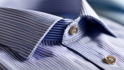 Striped button down shirt, macro shot. Striped dress shirt businessman. Suit blouse for business or wedding