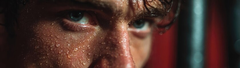 Close up professional athlete under heavy sweat concept. Intense close-up of a determined athlete's focused expression.