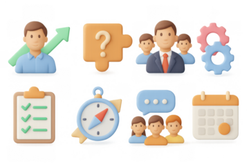 3d business icons set: teamwork, growth, communication, and planning