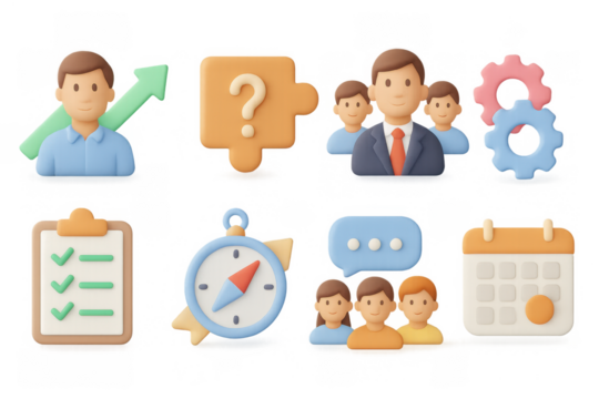 3d business icons set: teamwork, growth, communication, and planning