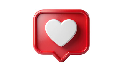 Red speech bubble with a white heart icon symbolizing like or love in social media isolated on solid white background