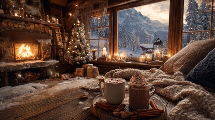 Cozy winter cabin with hot cocoa and snowy mountain view
