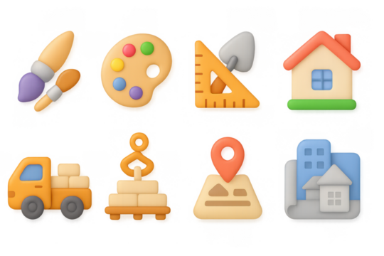 Colorful 3d icons set: art, construction, home, and navigation designs