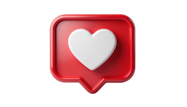 Red speech bubble with a white heart icon symbolizing like or love in social media isolated on solid white background