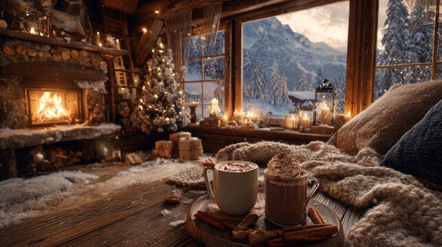 Cozy winter cabin with hot cocoa and snowy mountain view - Powered by Adobe