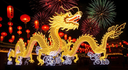 Fototapeta premium Golden Dragon Illuminated During Chinese New Year Celebration with Fireworks in the Night Sky