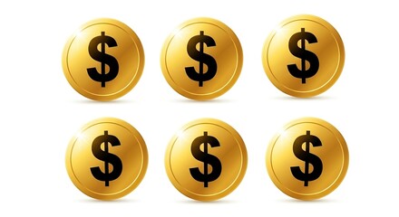 Six golden coins with dollar signs isolated on white background