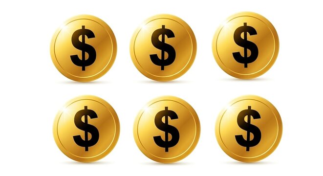 Six golden coins with dollar signs isolated on white background