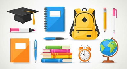 Colorful school supplies and accessories isolated on white background