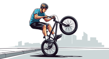 Fototapeta premium Urban cycling stunts vector illustration of a bmx rider performing wheelie