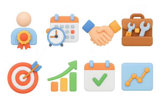 Colorful 3d icons for business and management success