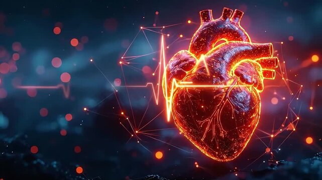 Advanced artificial intelligence technology scanning a glowing human heart with a vital EKG pulse line for futuristic medical analysis