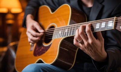 Fototapeta premium Close-up of a man playing an acoustic guitar