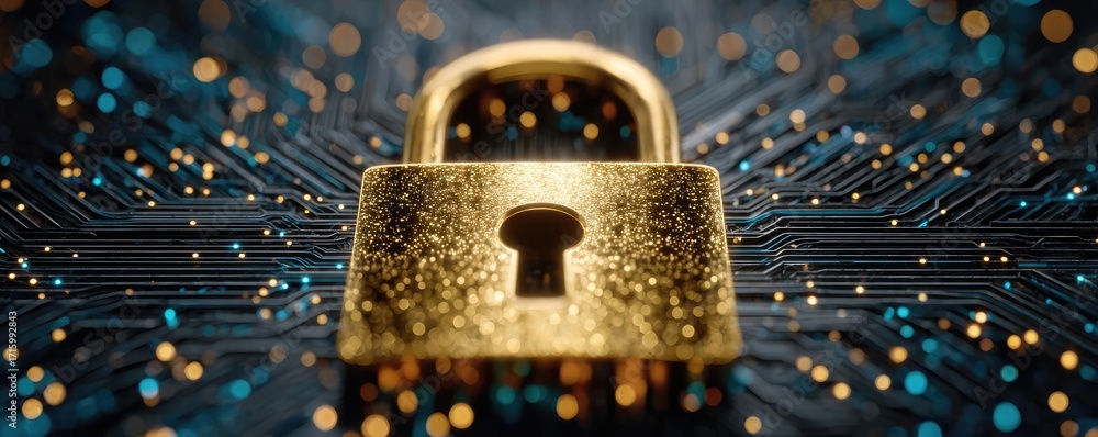 Poster cybersecurity audit checklist over digital circuitry concept. a close-up of a golden padlock on a ci