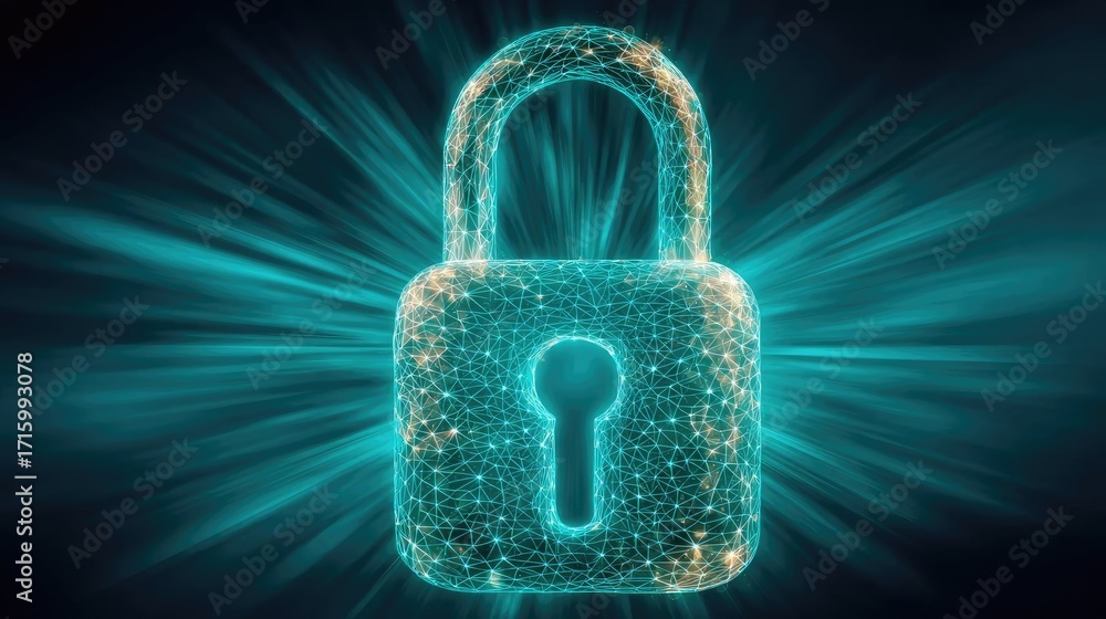 Poster passwordless login with key and lock concept. glowing digital padlock symbolizing cybersecurity and 