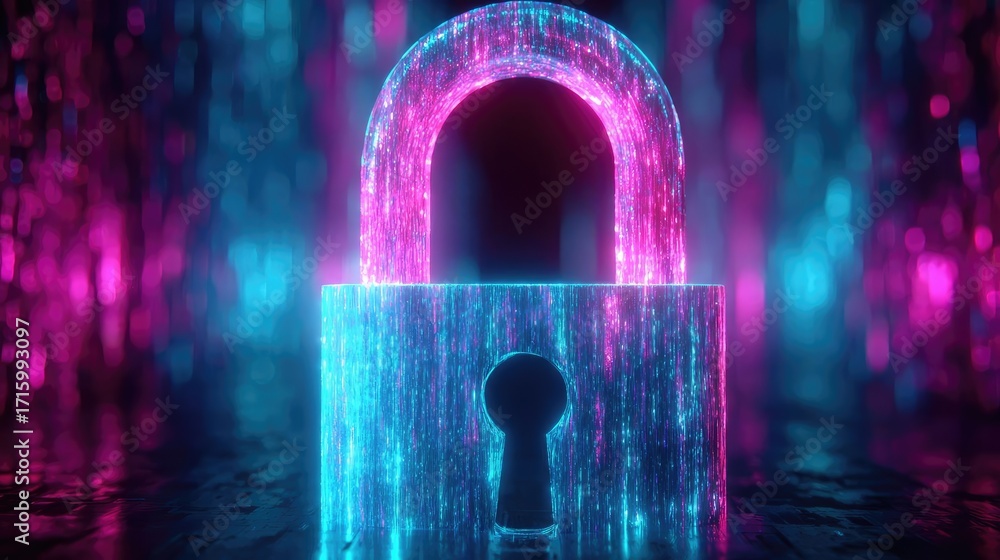 Poster passwordless login with key and lock concept. a glowing digital padlock symbolizing data security an