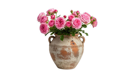 Naklejka premium Bouquet of pink roses in rustic vase isolated PNG with Transparent Background