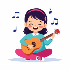 Fototapeta premium Cheerful little girl playing the ukulele and singing happily, sitting cross-legged with musical notes, vector flat illustration